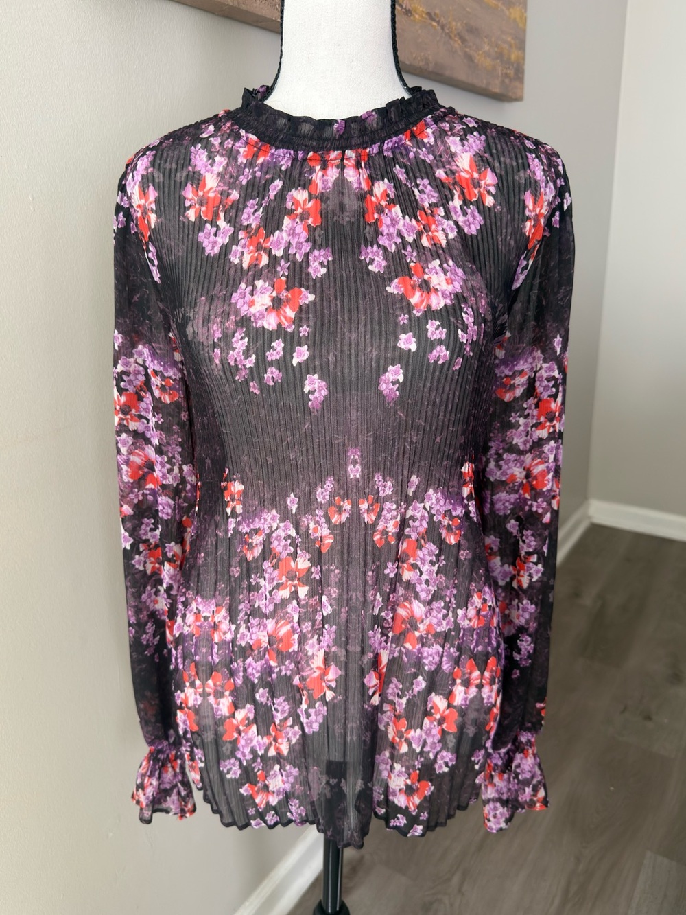 Simply Vera Vera Wang Whimsigoth Sheer Floral Pleated Blouse L